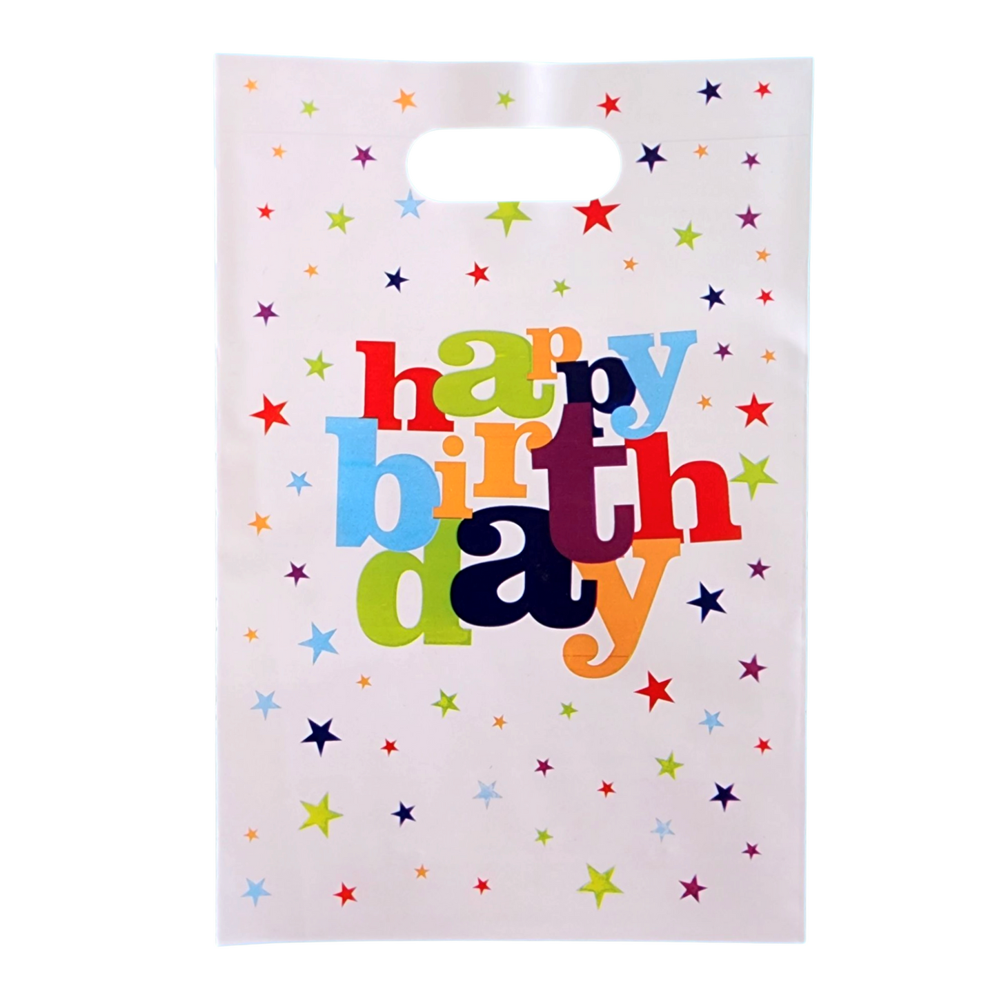 White Happy Birthday Coloured Stars 25x16 cm Plastic Loot Bag (Pack of 10)